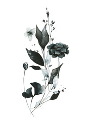 Watercolor painted floral bouquet bouquet of gray, black, blue marigold, dry buds, spikelets wild flowers, leaves, branches, field herbs and butterfly. Hand drawn illustration. Watercolour design