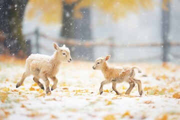 frolicking lambs amidst a light snow shower