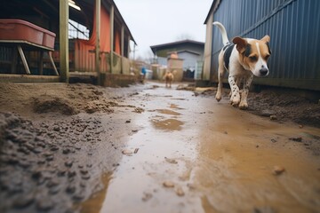 dog paw prints leading through the muddy farmyard - obrazy, fototapety, plakaty