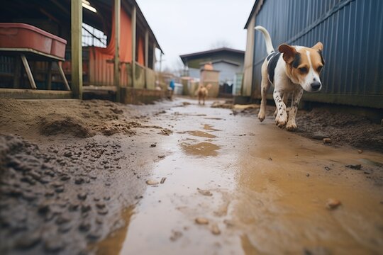 dog paw prints leading through the muddy farmyard