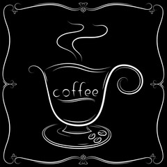 Coffee cup with steam in a decorative frame for logo, poster, banner, sign shop	
