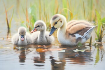 goslings ruffling feathers beside resting geese