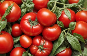 Red tomato background. Ripe tomatoes backdrop, top view. Raw tomato close-up view, generated by AI