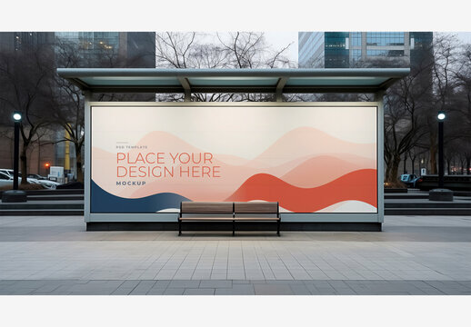 City Street Billboard Mockup Template with Night Time Cityscape, Lights, Cars, and Bench in foreground