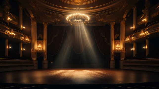 Expansive view capturing the grandeur of an empty, elegant classic theatre, illuminated by spotlights from the stage. The well-lit opera poised to welcome an audience for a captivating play or ballet 