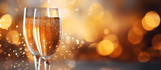 Champagne glasses on abstract golden background with bokeh - obrazy, fototapety, plakaty