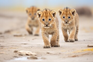 trio of cubs in a line following a lion胢s trail