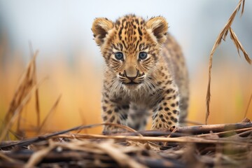 Obraz premium a stalking cub mimicking hunting behavior