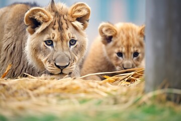 cub sneaking up behind a lounging lioness - obrazy, fototapety, plakaty