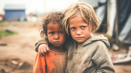 Sad serious multiethnic poor little children looking at the camera.
 - obrazy, fototapety, plakaty