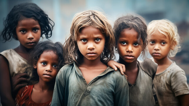 Group of poor beggar indian children on dirty streets walking alone in a poverty stricken slum area. Group of poor, neglected, dirty children.

