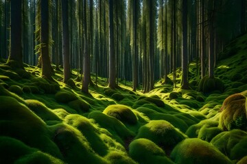  A beautiful forest scenery with pine trees and green moss