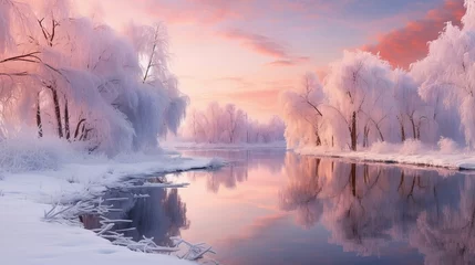 Poster Scenic winter Christmas landscape bathed in soft pink hues featuring a serene winter river winding through a tranquil forest of snow-covered trees. The winter forest is aglow at sunset, with beautiful © Yusif