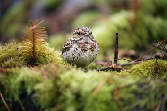 nightjar on mossy floor in dense thicket