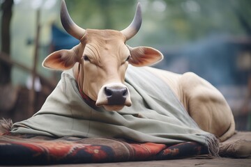 resting ox with a blanket, breath visible in crisp air - obrazy, fototapety, plakaty