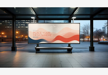 City Street Billboard Mockup Template with Bus Stop, Bench, Large Screen, City Skyline, Street Light, and Cityscape at Night