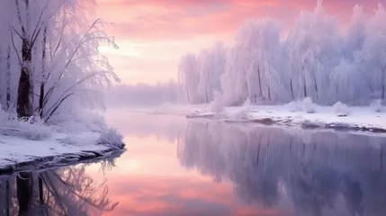 Gardinen Scenic winter Christmas landscape bathed in soft pink hues featuring a serene winter river winding through a tranquil forest of snow-covered trees. The winter forest is aglow at sunset, with beautiful © Yusif