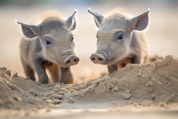 Fototapeta premium juvenile warthogs playing in the dirt