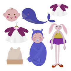 Baby shower collection. Colorful set of toys, baby girl dress, cute whale, newborn babys and hat. Vector illustration