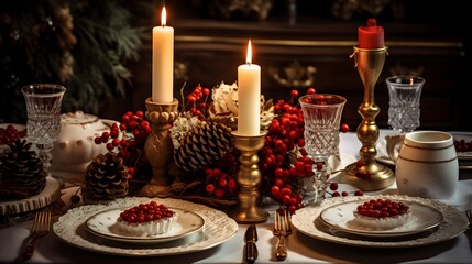Obraz na płótnie Canvas Elegant Christmas Table Setting with Festive Decorations