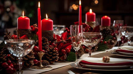 Obraz na płótnie Canvas Festive Holiday Dinner Table Set with Red Candles