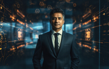 Fototapeta premium indian businessman standing with big data screen background