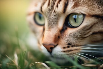 closeup on feline eyes in grass shadows