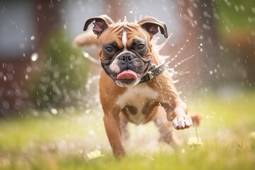 boxer dog chasing its tail among sprinkler droplets - obrazy, fototapety, plakaty