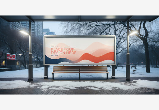 City Street Billboard Mockup Template: Snowy Park Area at Night with Bench, Street Lights, and Cityscape