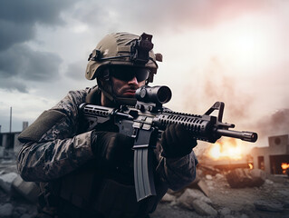 Army soldier fighting with guns and defending his country - obrazy, fototapety, plakaty