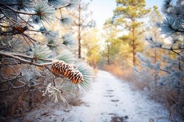 frosted pine branches above a trail path