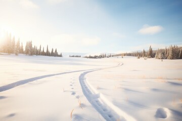 sleigh tracks curving through a snowy meadow