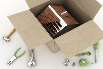 3-d model of a house, a ruler, a tape measure,