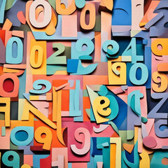 A pile of colorful paper notes with numbers and punctuation marks. Colorful numbers background. Top view with space for copy text. AI created.