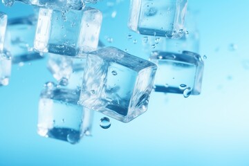 Aerial shot of cubes, ice, and drips isolated on a blue background. Generative AI