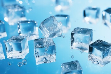 Obraz premium Aerial shot of cubes, ice, and drips isolated on a blue background. Generative AI