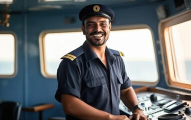 young indian cargo ship captain standing on ship - obrazy, fototapety, plakaty