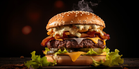Gourmet Double Cheeseburger with Fries: Beef Patties with Melted Cheese - Fast Food Banner, Dark Background
