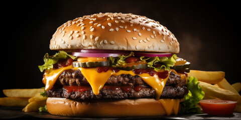 Gourmet Double Cheeseburger with Fries: Beef Patties with Melted Cheese - Fast Food Banner, Dark...