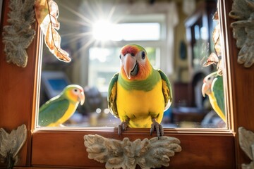 mirror reflecting sunlight, parakeet squinting