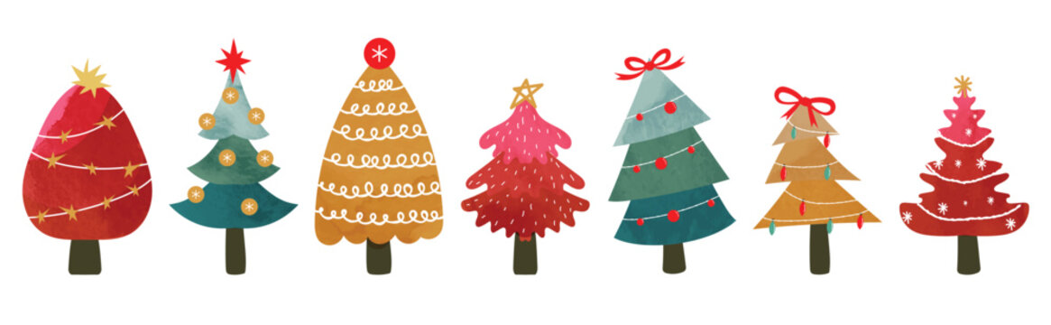 Set of watercolor decorative christmas trees vector illustration. Elements of ornamental balls, star, ribbon, snowflake, decorative light. Design for card, comic, print, poster, banner, decoration.