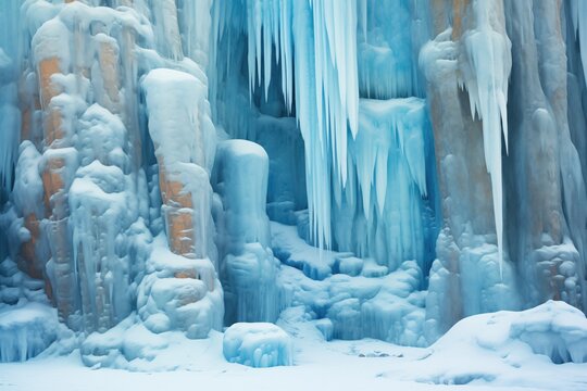 frozen waterfall with ice columns and blue tones