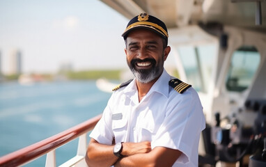 young indian cargo ship captain standing on ship