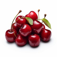 an appealing image of a cluster of cherries, artistically displayed on a white backdrop, highlighting the glossy red skin and stems of these sweet delights