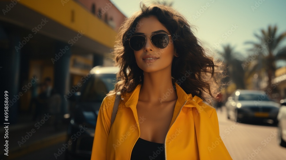 Wall mural A woman in a yellow jacket and sunglasses walking down the street, AI