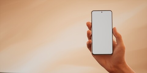  Caucasian man holding phone on a color of 2024 peach fuzz, blank screen mockup - obrazy, fototapety, plakaty