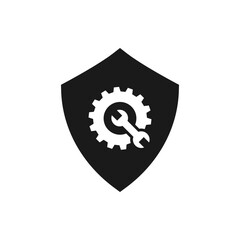 Gear with wrench and shield. Secure setup, machine protection flat icon isolated on white background. Vector illustration