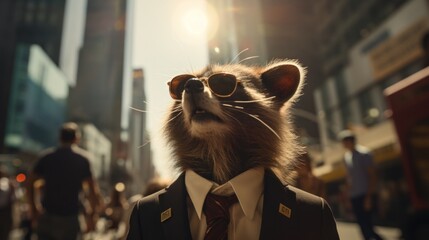 A raccoon wearing a suit and tie with sunglasses on, AI