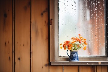raindrops on a barn window, reflecting light