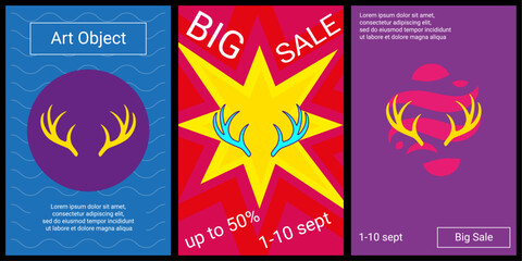 Trendy retro posters for organizing sales and other events. Large deer horns symbol in the center of each poster. Vector illustration on black background